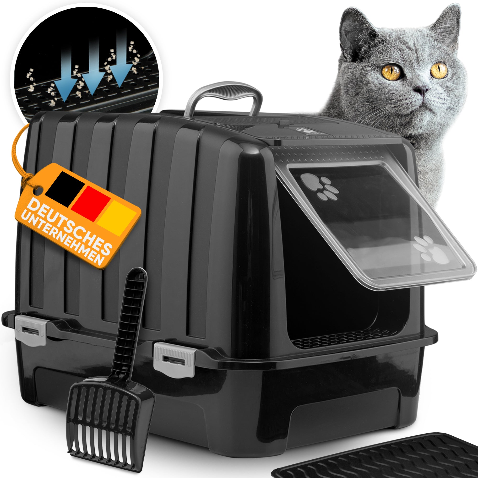 Premium Katzenklo mit Deckel und Aktivkohlefilter inkl. Matte und Schaufel